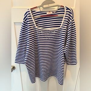 Quacker Factory 2X Blue White Striped Rhinestone Star Knit Top